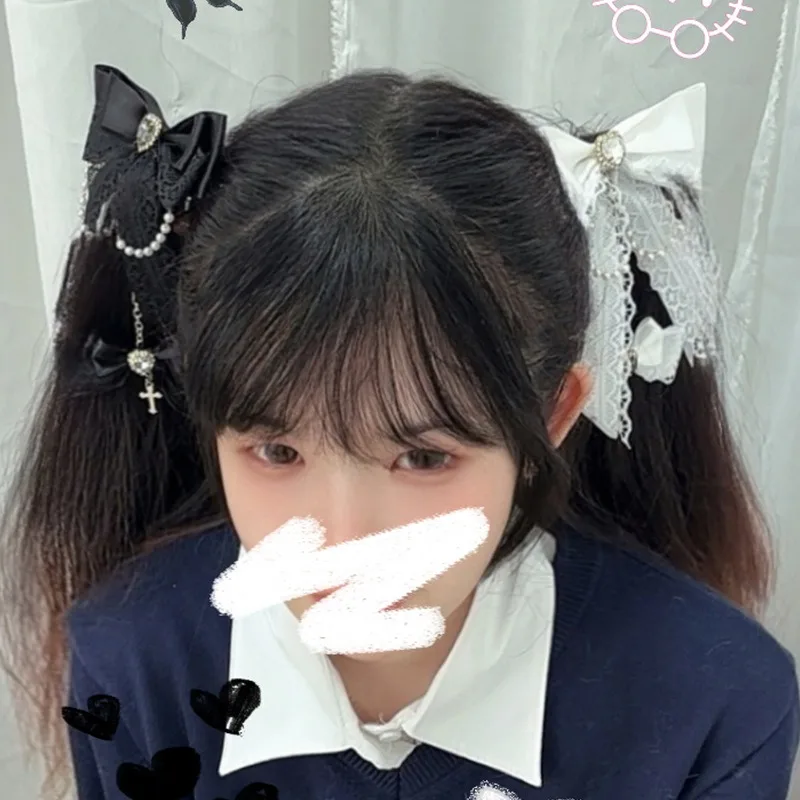 مشبك شعر على شكل فيونكة دانتيل سوداء للسيدات من لوليتا اليابانية، مشبك شعر على الطراز القوطي مع مشبك شعر على شكل ذيل حصان مزدوج بنمط داكن