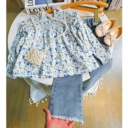 2024 Spring Girls Clothing Set Full Print Little Flower Long Sleeve Top+ Wide Leg Jeans 2Pcs Suit For 4-8Y Kids Fashion Outfit