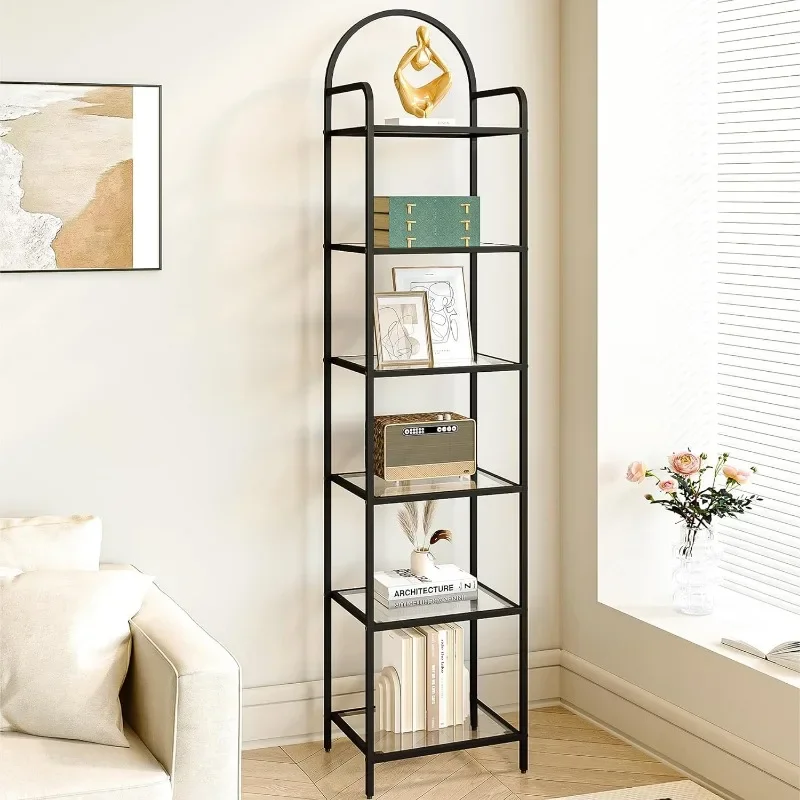 

6 Tier Bookcase Bookshelf Tempered Glass Bookshelves Slim Shelving Unit for Bedroom Bathroom Home Office Steel Frame