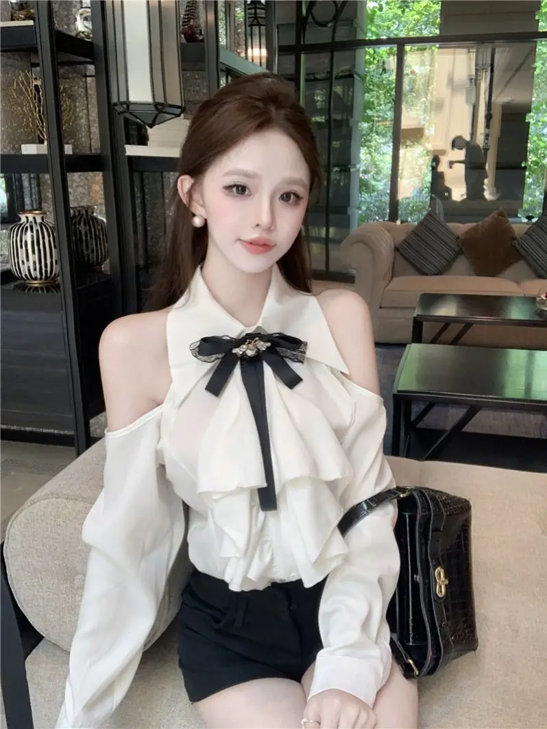 Korejpaa Korean Fashion Women Shirt Elegant Ruffled Off Shoulder Halter Slash Neck Blouses Gentle Casual Long Sleeve Top Blusas