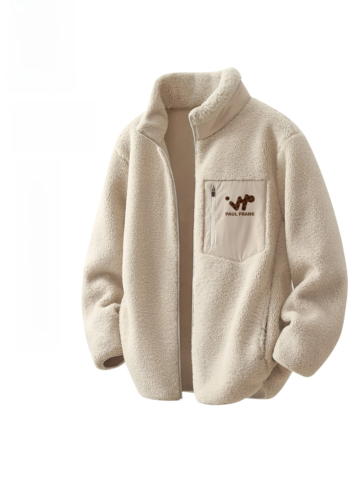 

Thiened Plu Jaet Men's Zipper Closure Stand Collar Cardigan Warmth Leisure Faion Winter Outerwear
