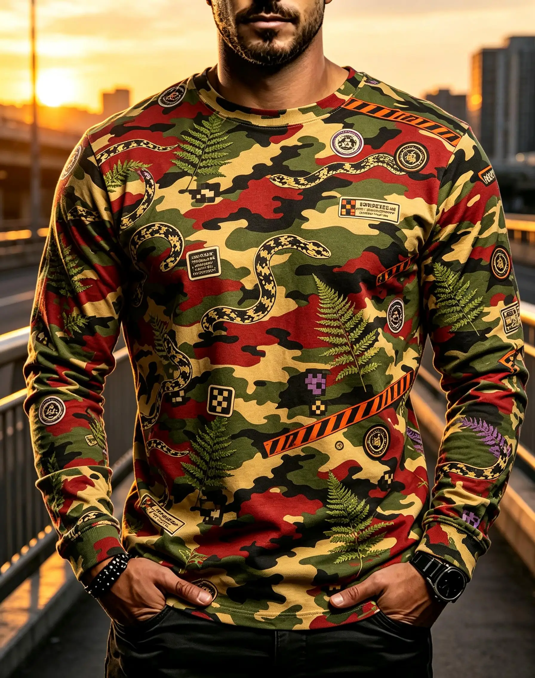 Vintage Jungle Camouflage Snake and Fern Botanical Graphic Long Sleeve Tee, Men Polyester Outdoor Street Shirt