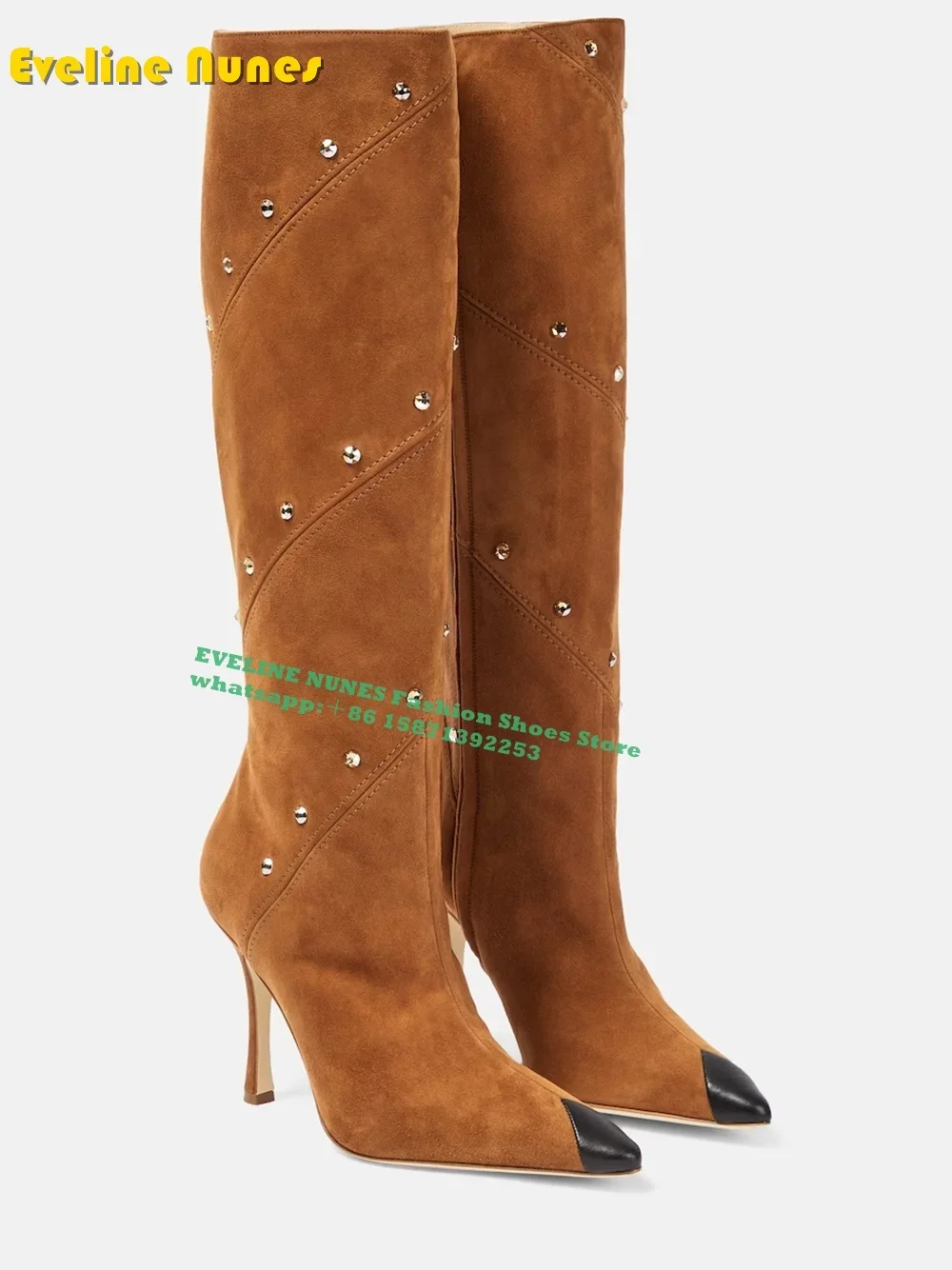 

Faux Suede Rivet Fashion Boots Pointed Toe Stiletto Zipper Closure Mixed Colors Patchwork Women Knee High Boots 2026 New Style