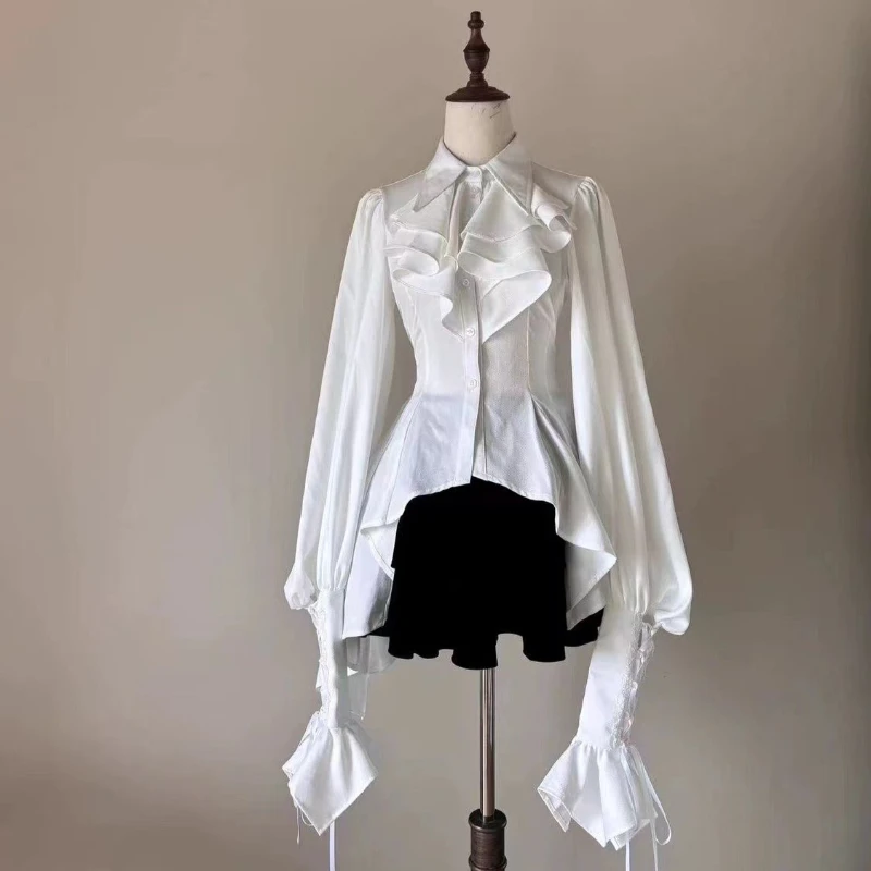 Spring Vintage Gothic Lolita Style Shirt Women Elegant Lace Ruffles Flare Long Sleeve Blouses Y2k Aesthetic Punk Subculture Tops - view 4