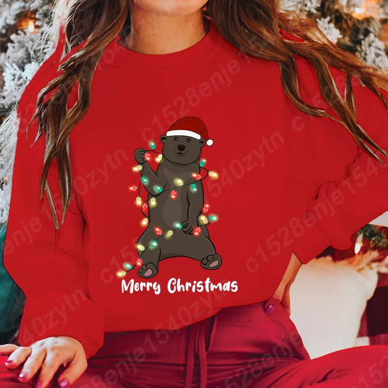 Autumn And Winter Tops Christmas Light Bear Merry Christmas Print Round Neck Sweatshirt Women Fashion Clothing Hoodless Pullover