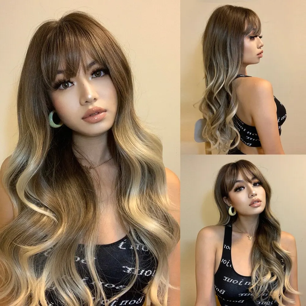 

Long Ombre Brown Blonde Synthetic Wigs With Bangs for Women Natural Water Wave Hair Heat Resistant Daily Cosplay Brown Wigs
