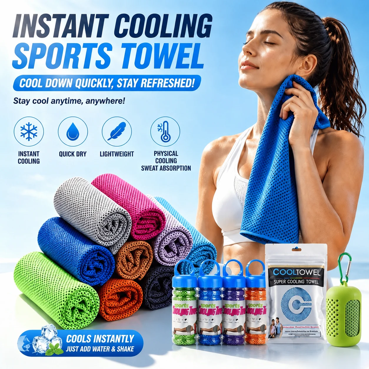 Instant Cooling Towel with Bottle, Reusable Microfiber Ice Towel Quick Dry Chilly Neck Towel for Gym Running Yoga Sports Fitness
