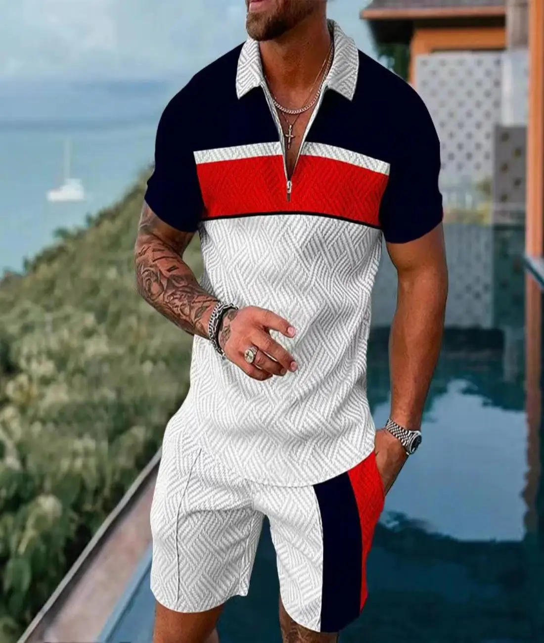 

2024 Europe America Hot New Men's Suit Casual Double Color Men's Shirt Summer Men's POLO Shirt + Men's Shorts 2 sets - large