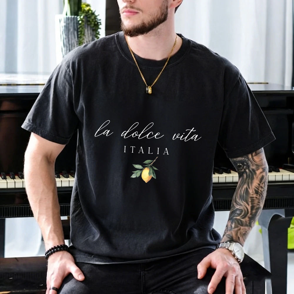 Crew Neck Short Sleeve Relaxed Fit Cotton T-Shirt Cursive Script Lemon Illustration La Dolce Vita Italia Amalfi Coast Summer Top