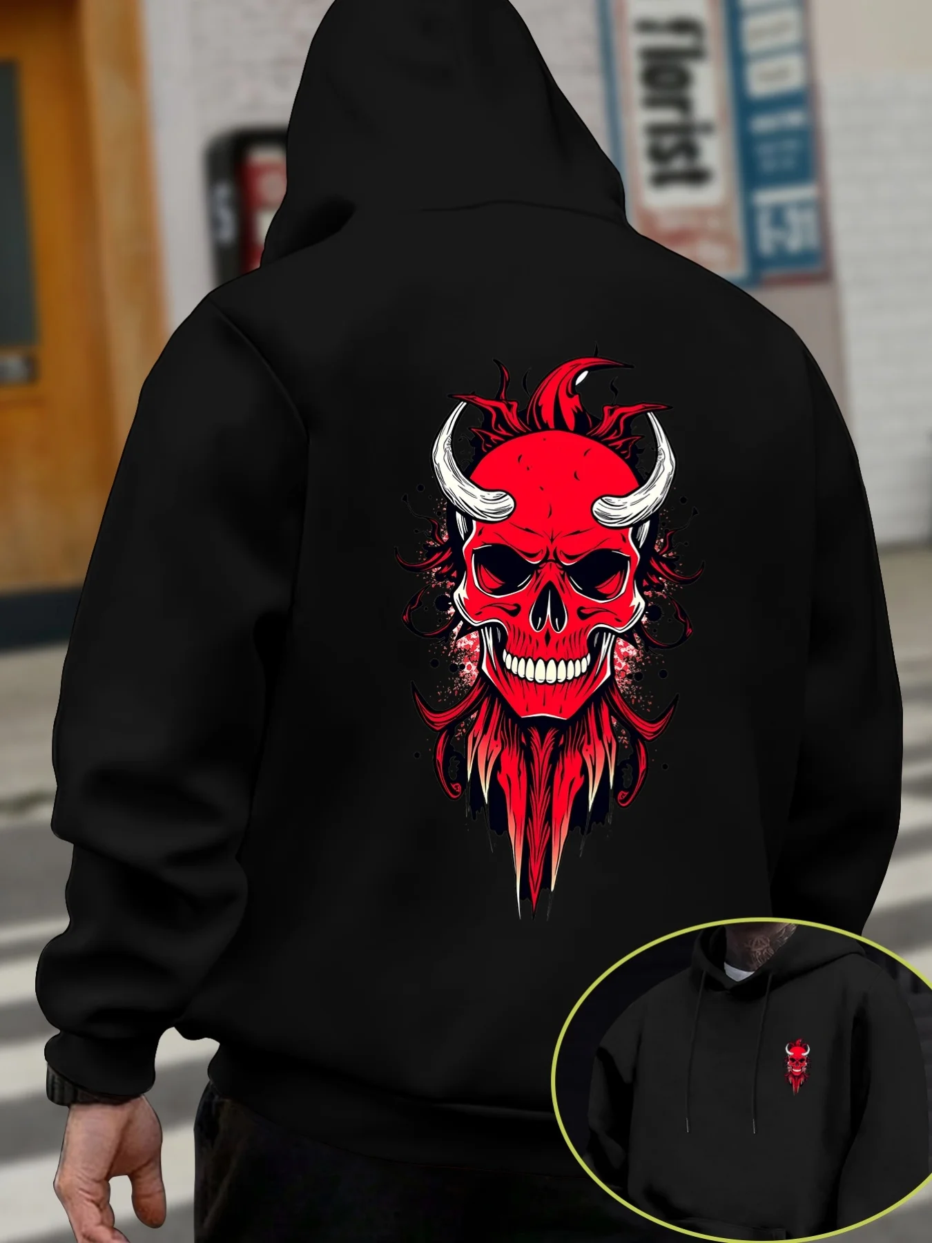 Winter and Autumn Men's Gothic-style Devil Skull Printed Hooded Sweater, Trendy Streetwear, Warm Pullover Hoodie