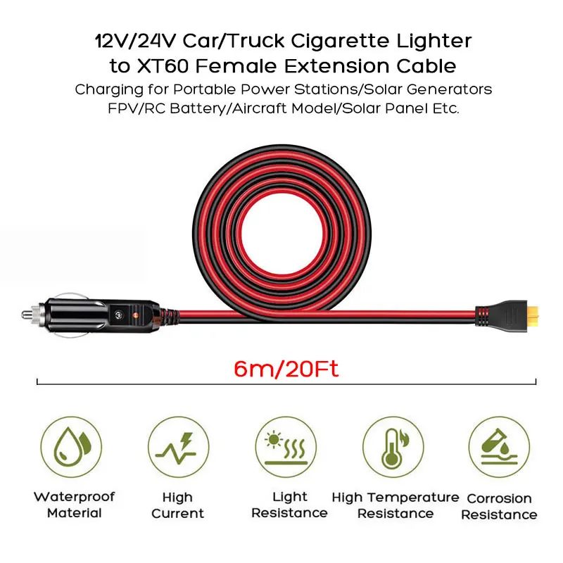 6m/20Ft XT60 to Car Cigarette Lighter Extension Cable for ALLPOWERS R600 R1500 R2500 OUKITEL P1000E Plus Portable Power Stations