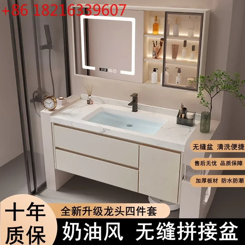 Cream wind bathroom cabinet washbasin cabinet combination washbasin rock slab seamless splicing ceramic integrated basin