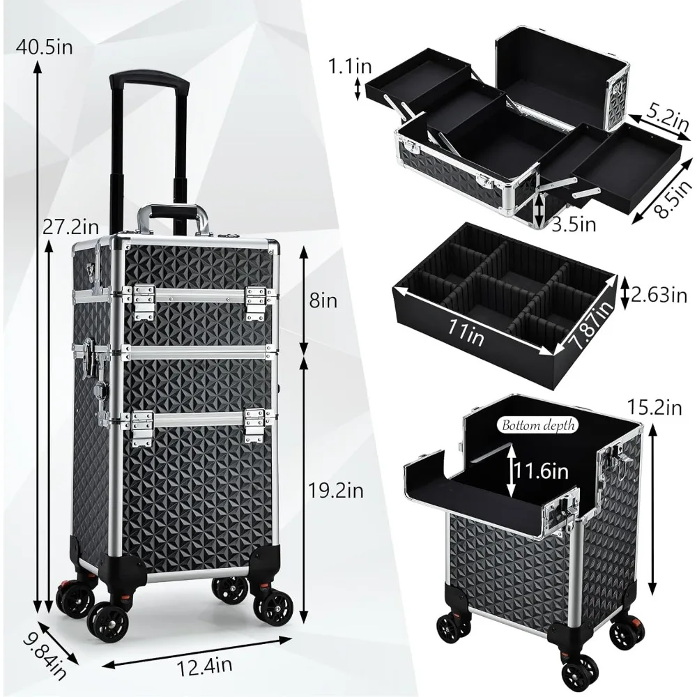 Large Rolling Makeup Case with Wheels, 3-in-1 Transformable Cosmetic Trolley for Salon Professionals and Travel