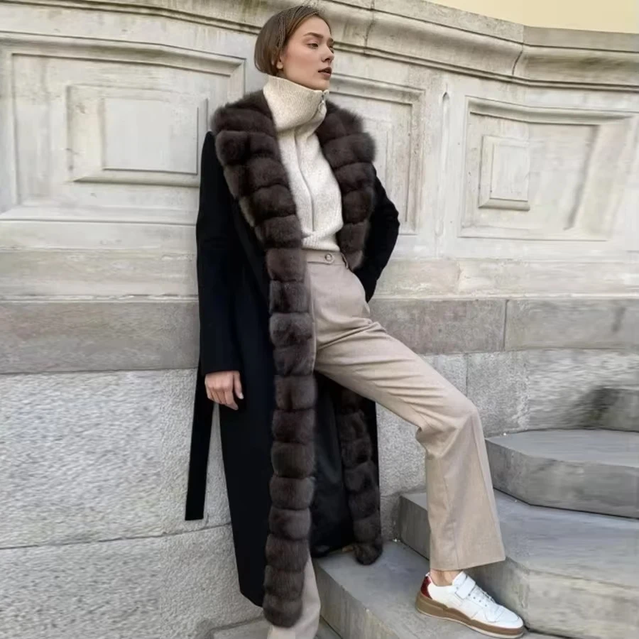 Wool Coats For Woman Natural Fox Fur Collar Best Selling Real Fox Fur Women's Long Coat
