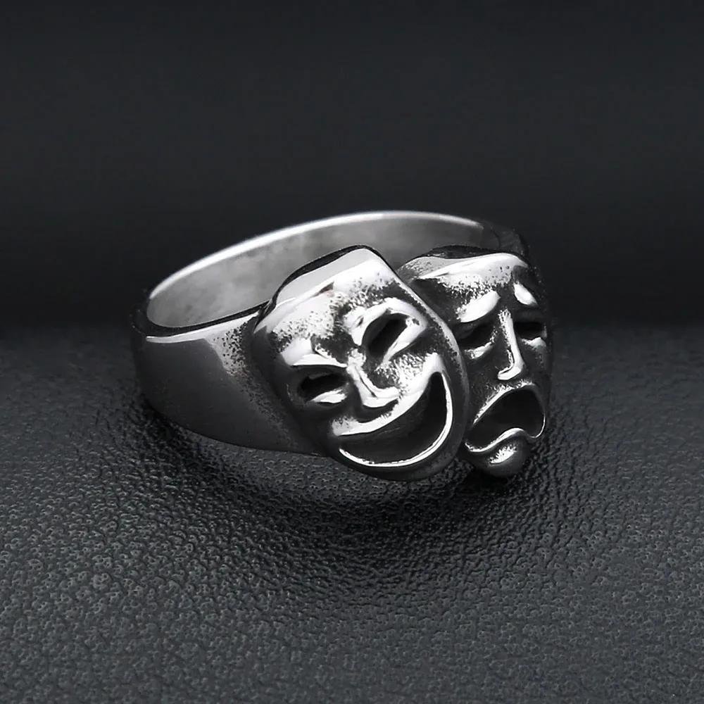 Punk Hip Hop Crying Smiling Mask Ring Stainless Steel Unique Design Personality Ring Couple Fashion Jewelry Gifts For Men Women