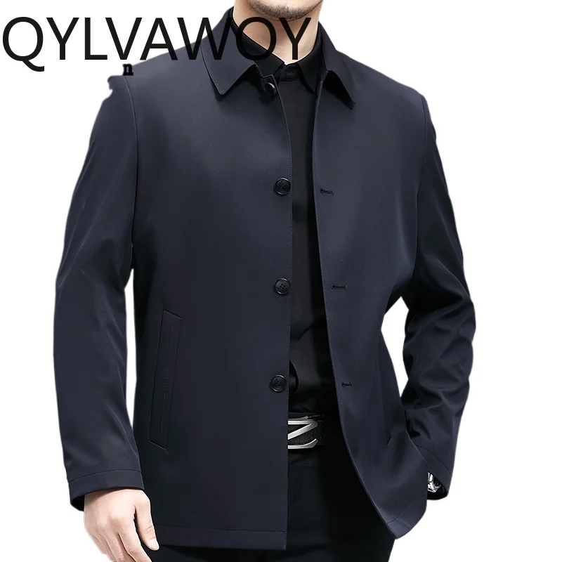 

QYLVAWOY 100% Polyester Autumn Men's Lapel Trench Coat Casual Fashion Single-Breasted Middle-Aged Business Outerwear LJ2163