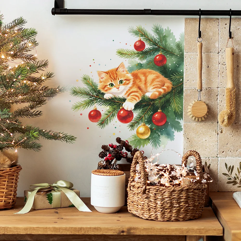 Christmas Pine Branch Orange Cat Baubles Static Window Stickers, Removable Glass Decals for Balcony Home Window Decor