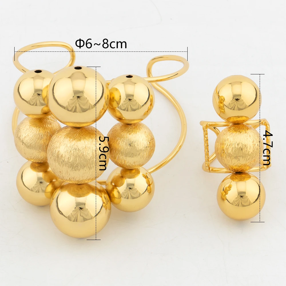 Fashion Cuff Bracelet with Rings Dubai Gold Color Round Beads Bangles 2PCS Butterfly Jewelry Sets African Bridal Wedding Gifts