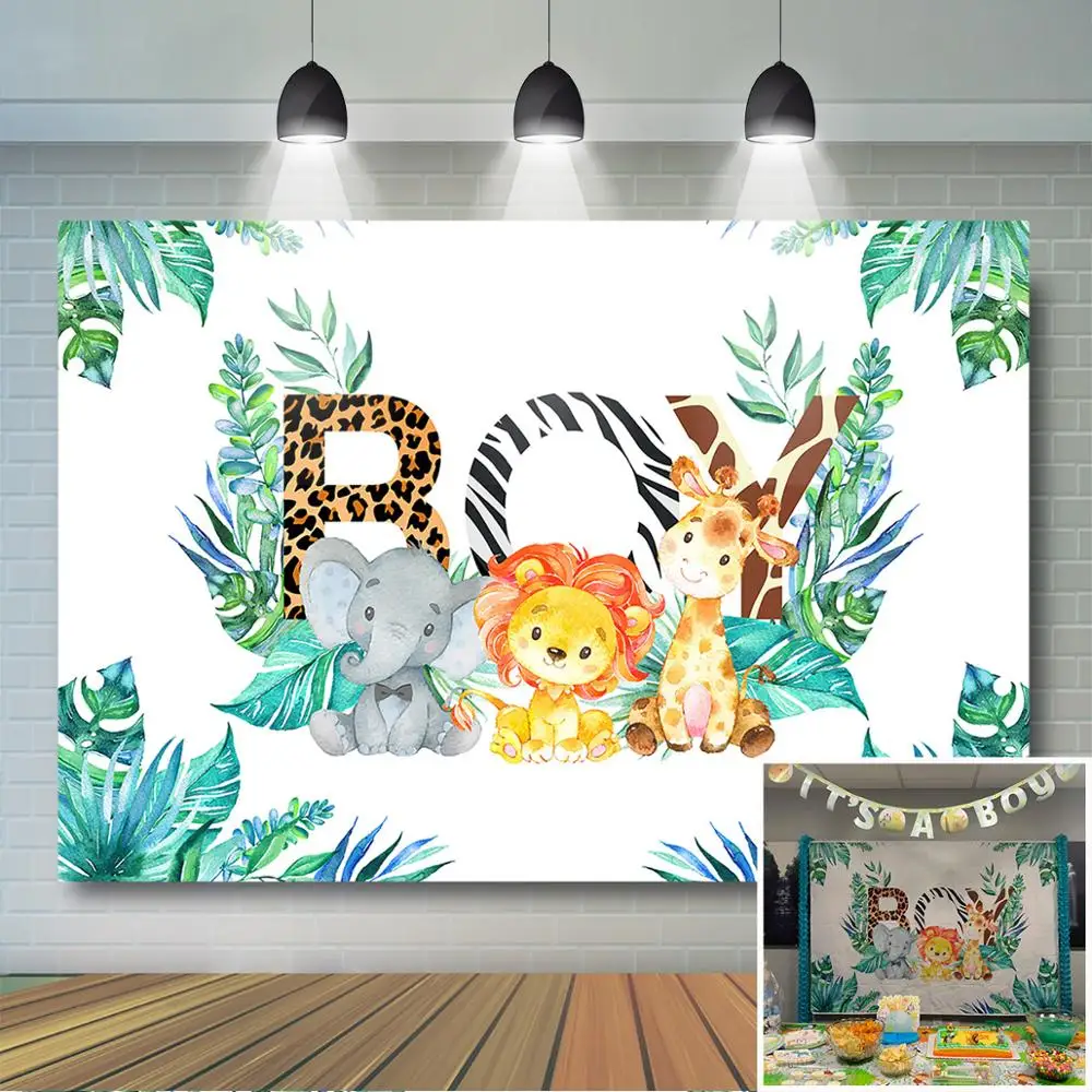 Mocsicka Safari สัตว์ Baby Shower ฉากหลัง Jungle Safari Blue Stripes พื้นหลัง Boys Safari Baby Shower Party ตกแต่ง