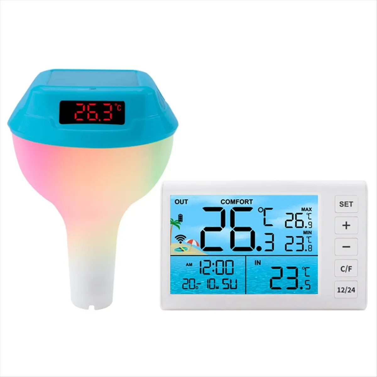 T22C Solar Powered Pool Thermometer with RGB Atmosphere Light Intelligent Outdoor LED Digital Water Thermometer Sea Blue