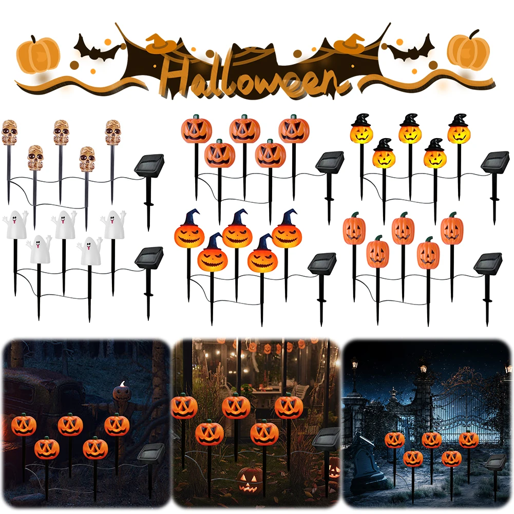 Decorativa Pumpkin Stake Lâmpadas para Jardim, Decoração de Halloween, Outdoor Solar Lights, Impermeável, Quintal, Pathway Decor, 5 Pack