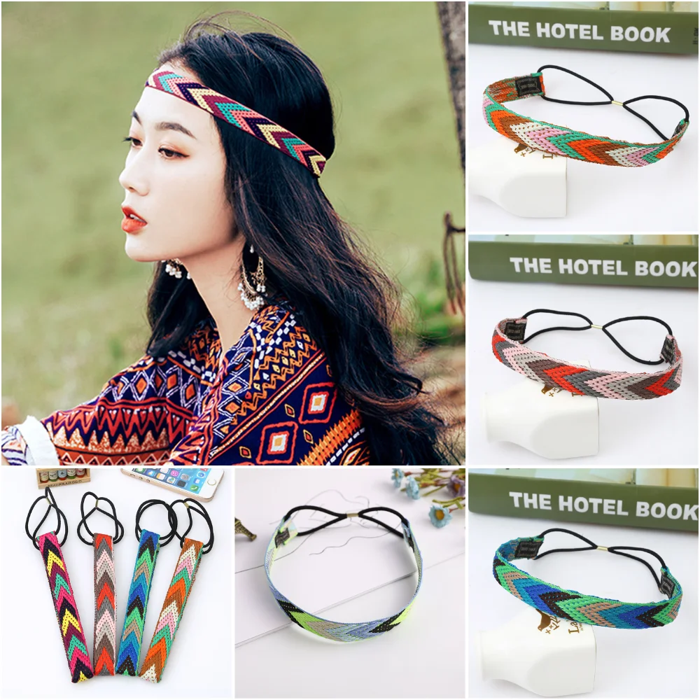 Men Fashion Bohemian Colorful Braided Hairband Retro Geometric Triangle Headband for Women Girls Elastic Hair Hoop Headwear Gift