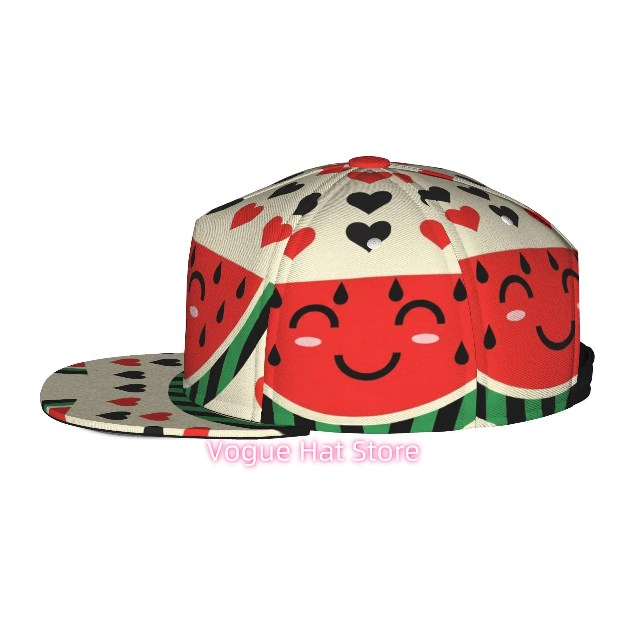 Men's & Women's Baseball Cap with Watermelon Slice & Hearts Print, Adjustable Snap-On Brim, Flat-Top Design, Lightweight Suitabl