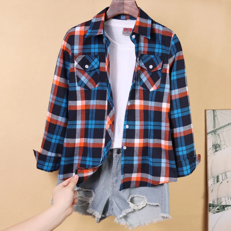 Camisas Xadrez das Mulheres novas M-5XL Blusa De Algodão Feminino Camisa Camiseta Manga Longa Slim Turn-down Collar Blusas Mulheres Camisas