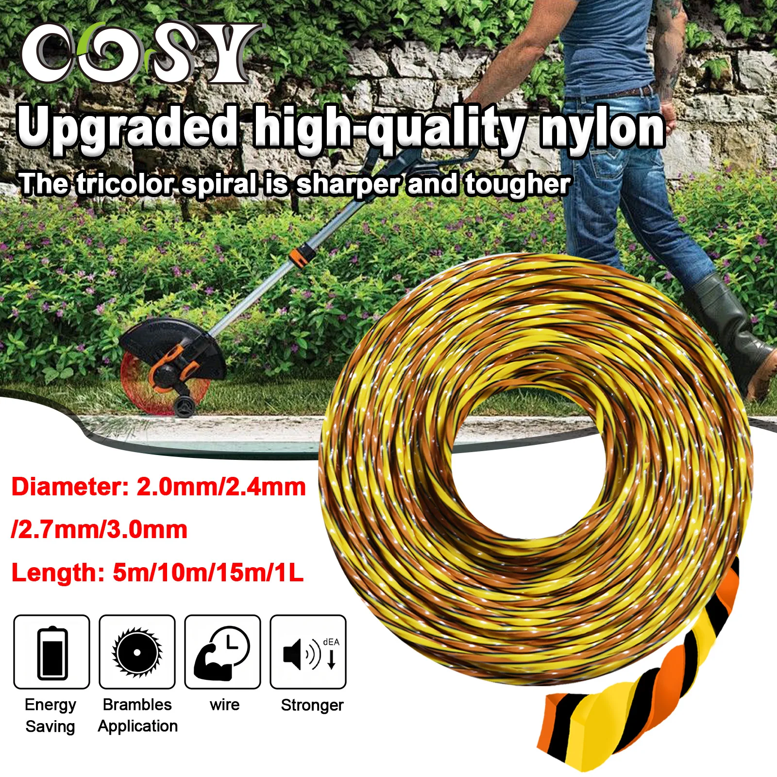 COSY 2.4/2.7/3.0mm * 5m/10m/15m NUOVO Aggiornamento Tricolor Trimmer A Spirale Linea Weed String Trimmer Linea Brush Cutter Filo Trimmer Linea