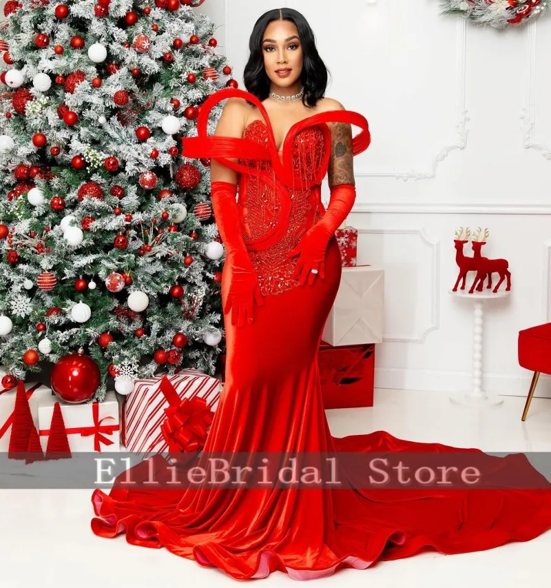 ゴージャスなクリスマスイブニングドレス、手袋付き、カスタマイズされたビーズ装飾、ベルベットの婚約ドレス、ドバイセクシーなパーティー衣装、プロムガウン