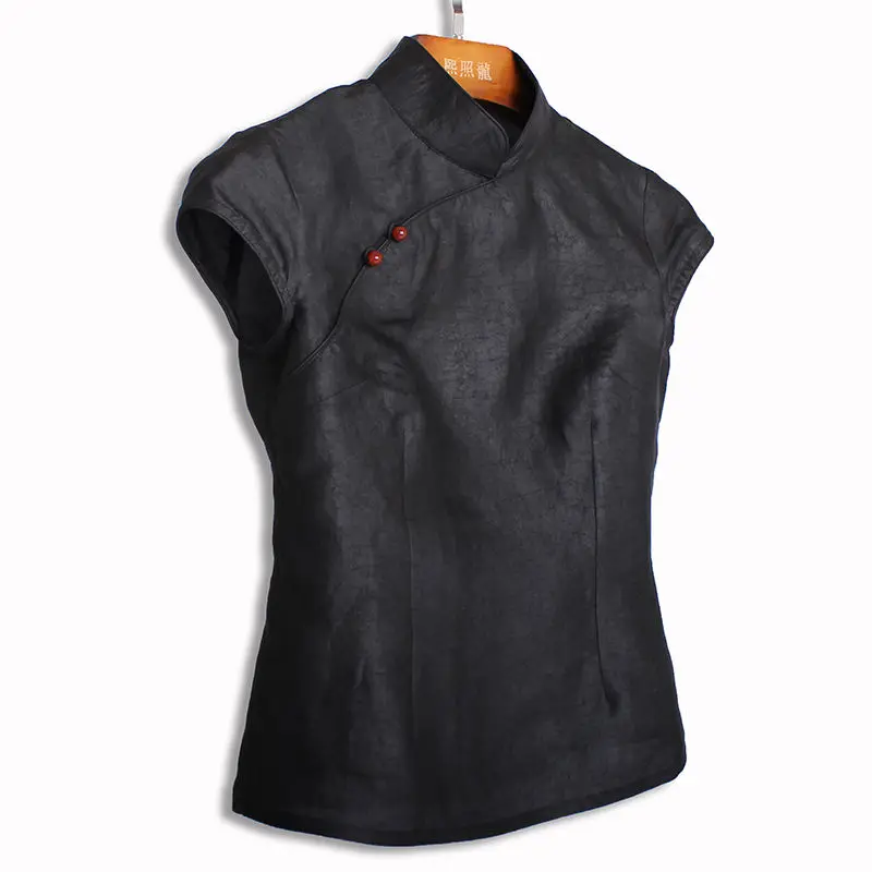 Black Short Top Qipao Fashion Women Chinese Retro Short Sleeve Shirt