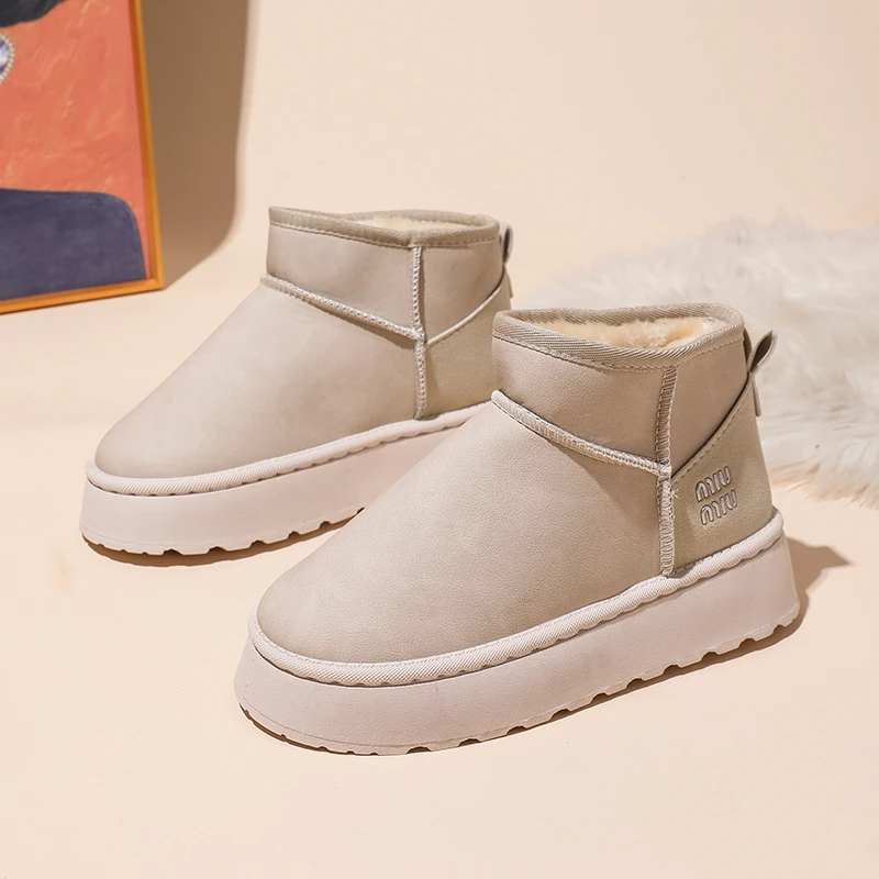 2026 جديد الشتاء الراحة بلون منتصف الكعب أحذية نسائية رئيس مستدير زيادة بسيطة الدافئة والصوف كم حذاء الثلوج المسطح 41 #5
