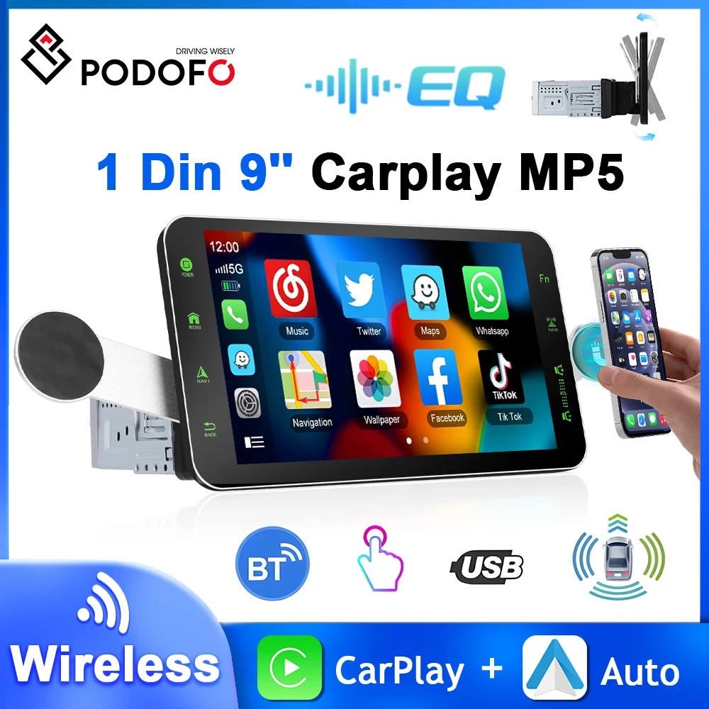 

Podofo 9'' 1Din Car Radio MP5 Player Carplay Car Radio Android Auto Multimedia Player EQ Car Stereo With Magnetic Phone Holder