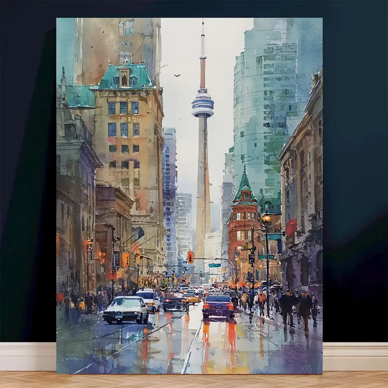 1pc No Framed Toronto Skyline Watercolor Painting - 12x16 Inch Modern Canvas Art with Vibrant Cityscape, Wooden Frame & Hook