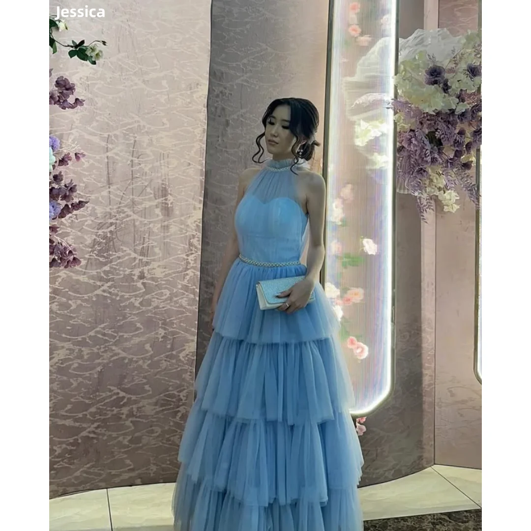 

Джессика Вечерние платья с бретелькой на шее ручной работы из тюля Небесно-голубые платья для выпускного вечера А-образные вечерние платья Vestidos De Gala