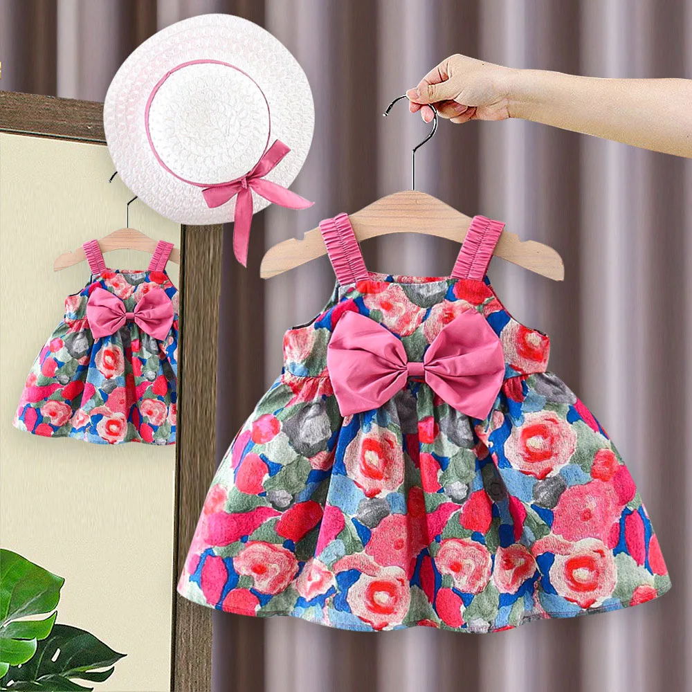 

Girls Summer Dress Princess Baby Dresses Children's Clothing Floral Suspender Dress With Straw Hat Beach Vacation Holiday