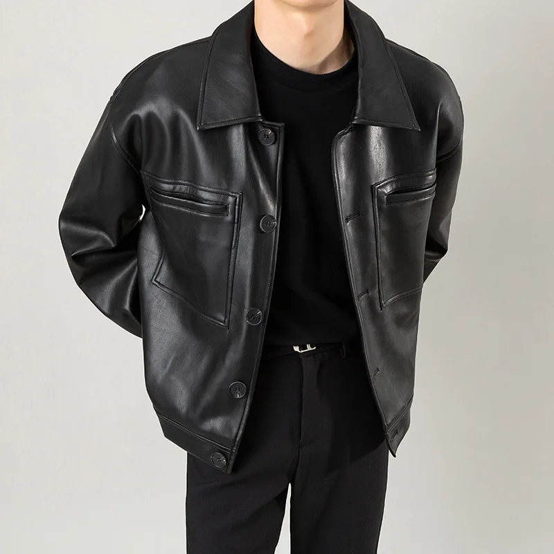 2025 Spring New Men Turn Down Collar Short PU Leather Jacket Motorcycle Style Retro Loose Street Cool Top
