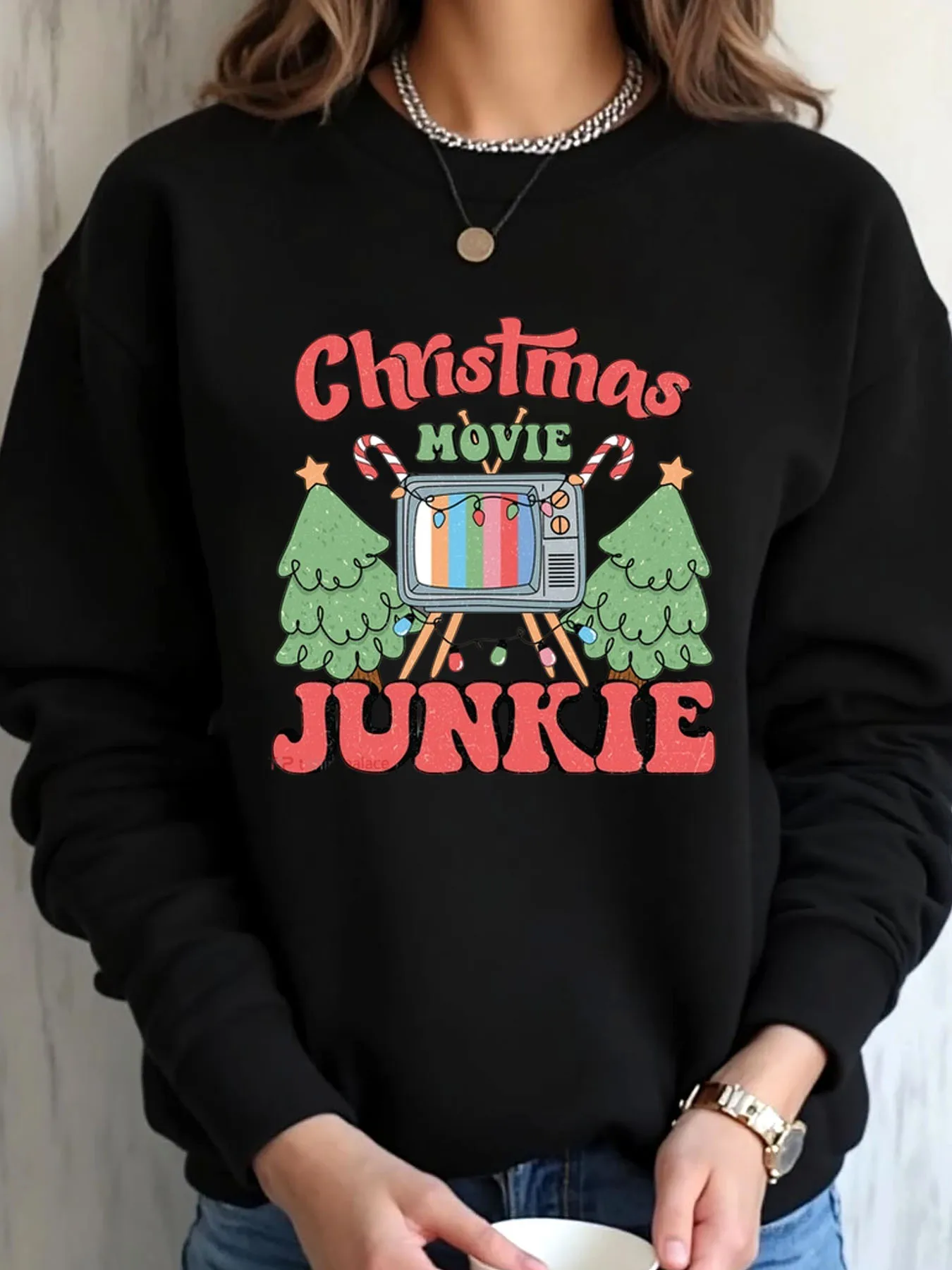 Women Oversized Sweatshirt Christmas Movie Junkie Print Outdoor Wear
