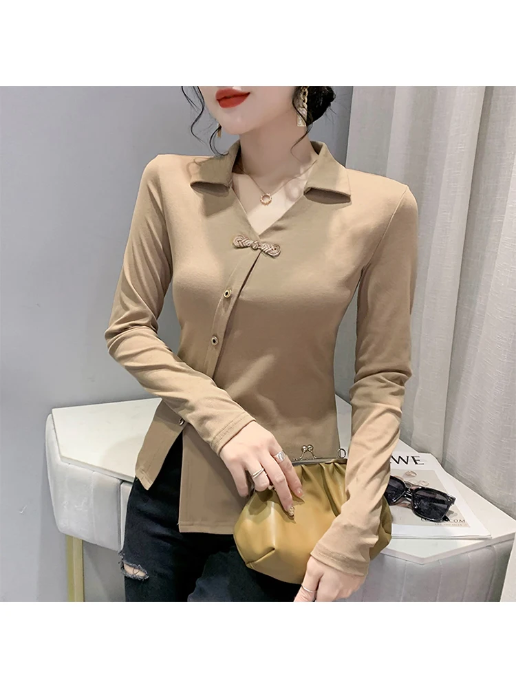 Winsleter Simple Basis Long Sleeve Tees Autumn Winter Tshirt Women Turn Down Collar Slit Button Slim Cotton Top T38064JD