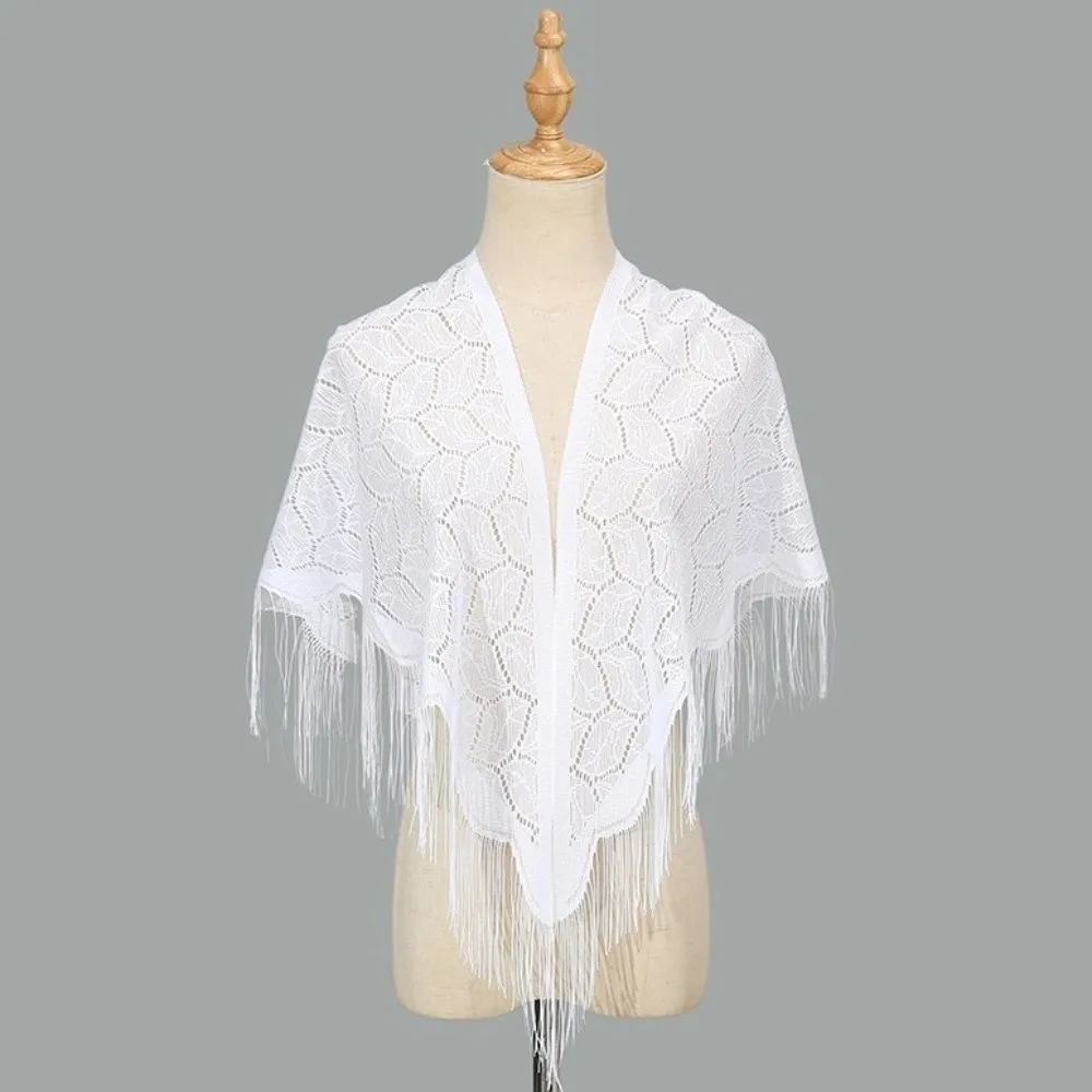 Elegant Polyester Lace Hollow Scarf Embroidery Transparent Tassel Triangle Shawl Pure Color White Mesh Scarves Church