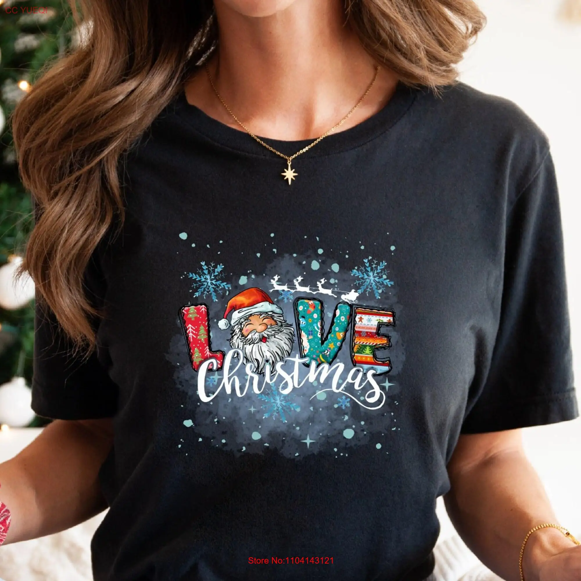 Love Christmas T Shirt for Women Merry Santa Claus gift long or short sleeves