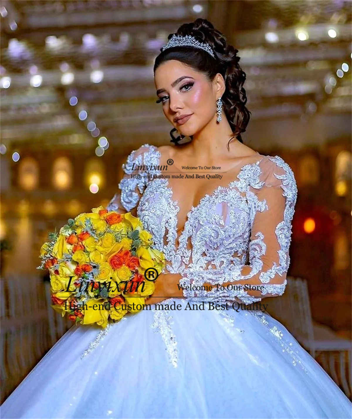 Elegant Appliques Lace Wedding Dress Full Sleeves Ball Gown Bridal Gowns Floor Length Button Back Sweep Train vestido de novia