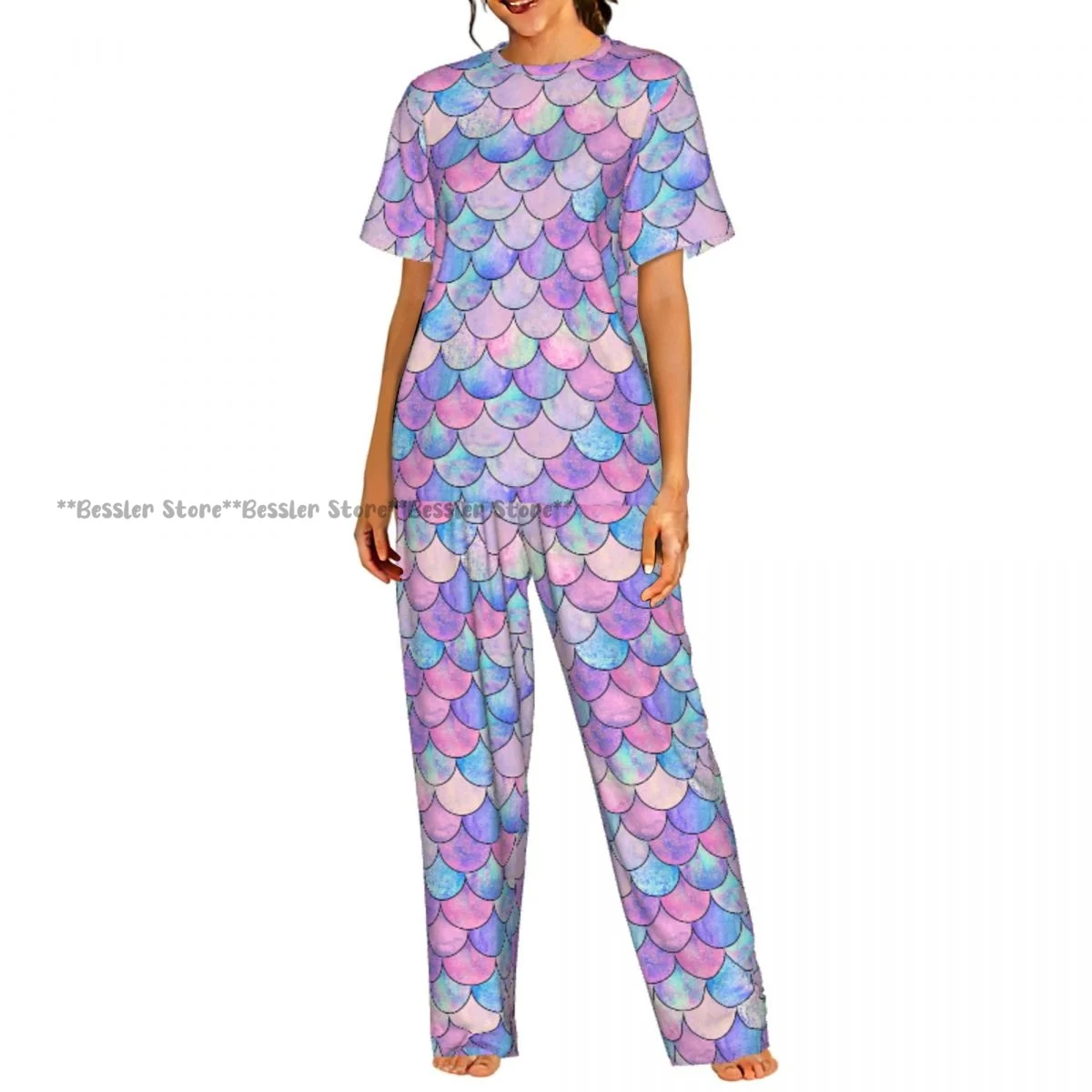 

Women's Pajamas Set Colorful Mermaid Fish Scales Short Sleeve Sleepwear 2 Piece Homewear Loungewear
