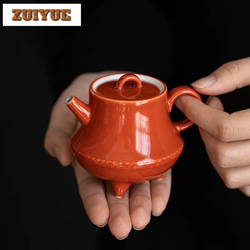 120ML Chinese Palace Museum Red Teapot Handmade Tripod Pot Tea Brewing Kettle With Ball Hole Filter Tea Ceremony Supplies Gifts