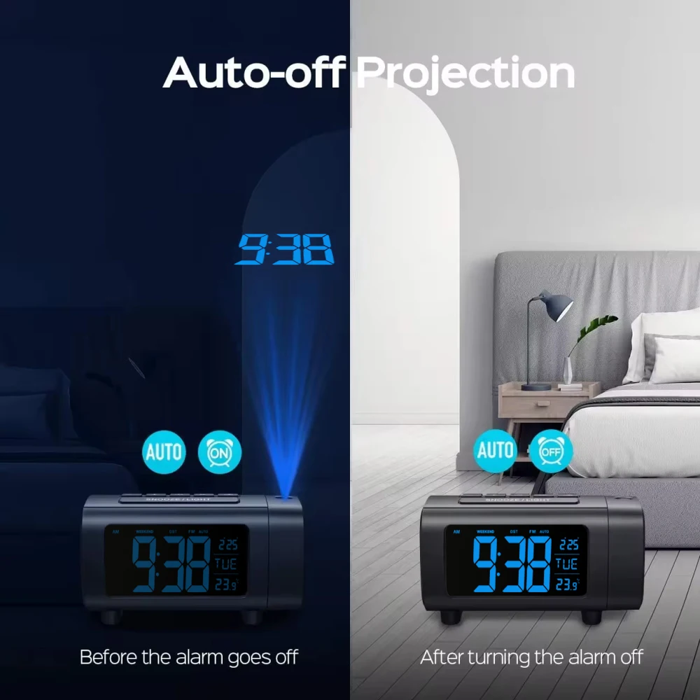Ceiling Projection Alarm Clock With Temperature Humidity Display Snooze Function 12/24H Format Digital Bedside Projection Clock