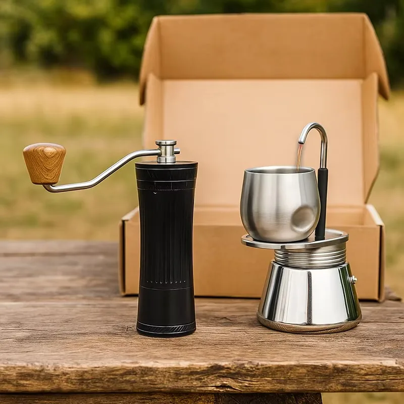 3pcs Manual Coffee & Tea Set for Travel or Gift Includes Aluminum Alloy Grinder 420SS Burr Stainless Steel Moka Pot and Cup