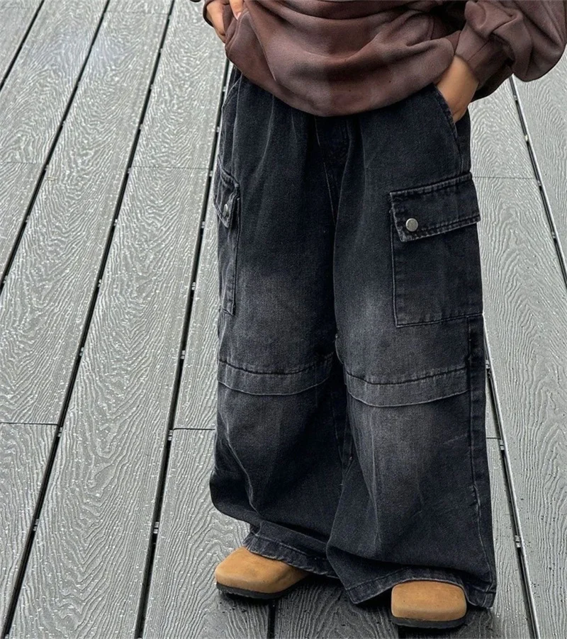 Boys Loose Daily Pants Children Fashion Versatile Large Pockets Jeans Kids Casual Outdoor Straight-Leg Wide-Leg Trousers 2-10Y