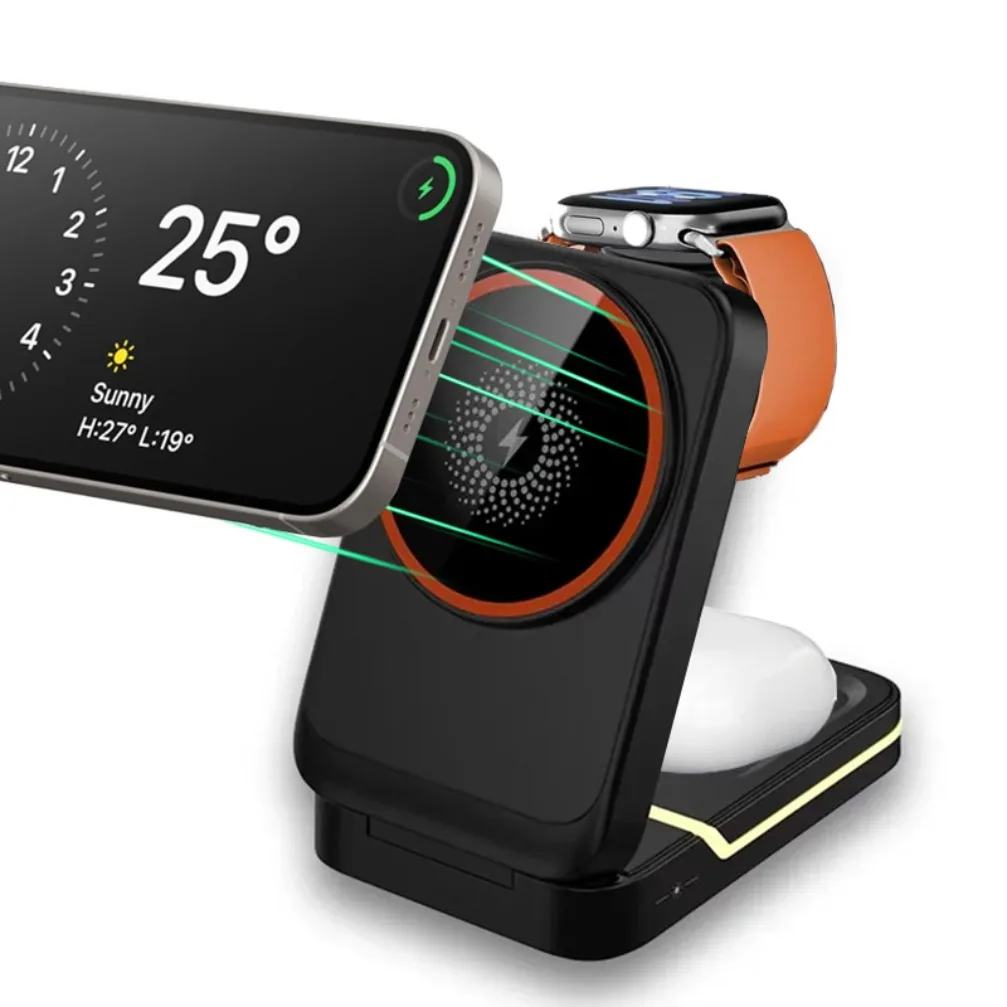 3 IN 1 Magnetic Wireless Charger Stand For Magsafe iPhone 17/16/15/14/13/12 Apple Watch 11 Airpods 4/3 Pro Fast Charging Station