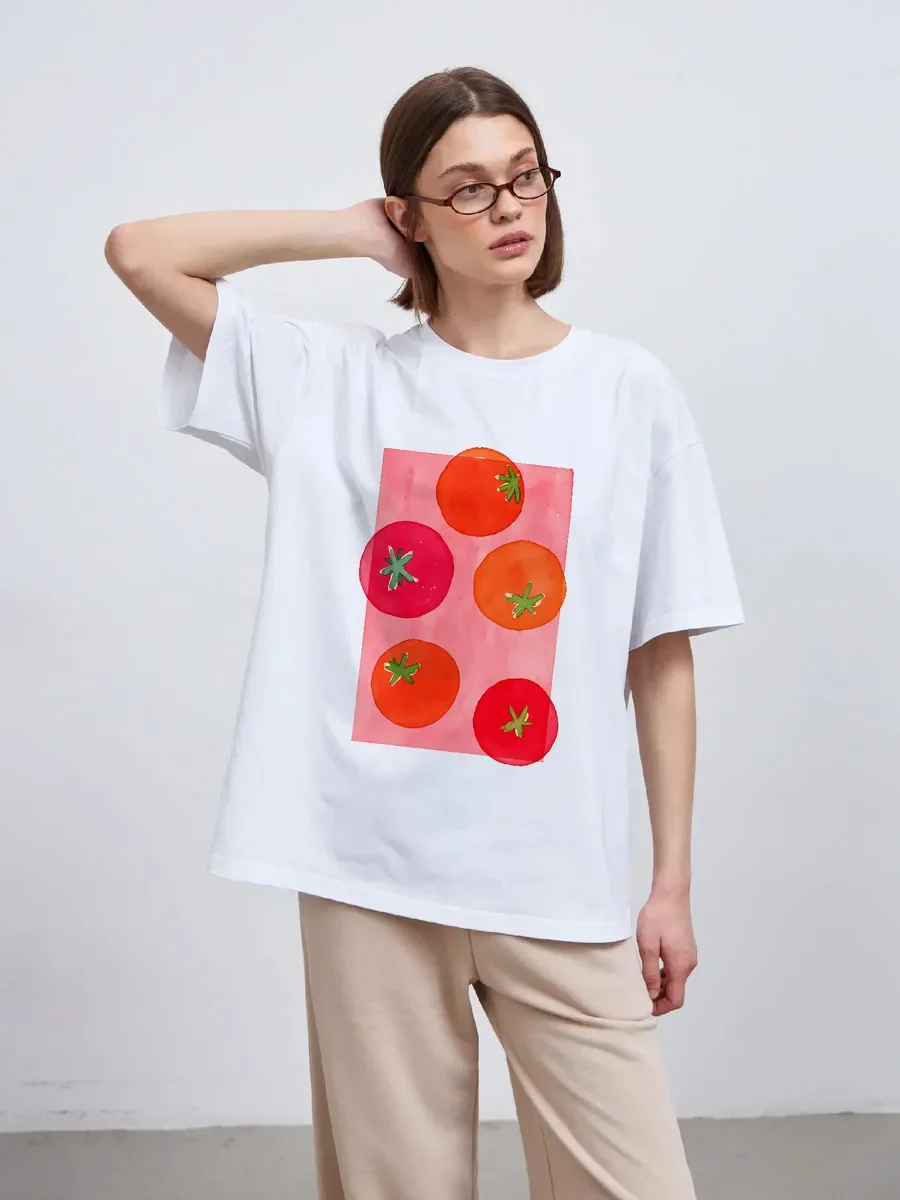 تي شيرت فني - تي شيرت برسومات الطماطم المائية - قميص أبيض أنيق كبير الحجم مصنوع من القطن بنسبة 100% لعشاق الفن وعشاق النمط المنعش #2