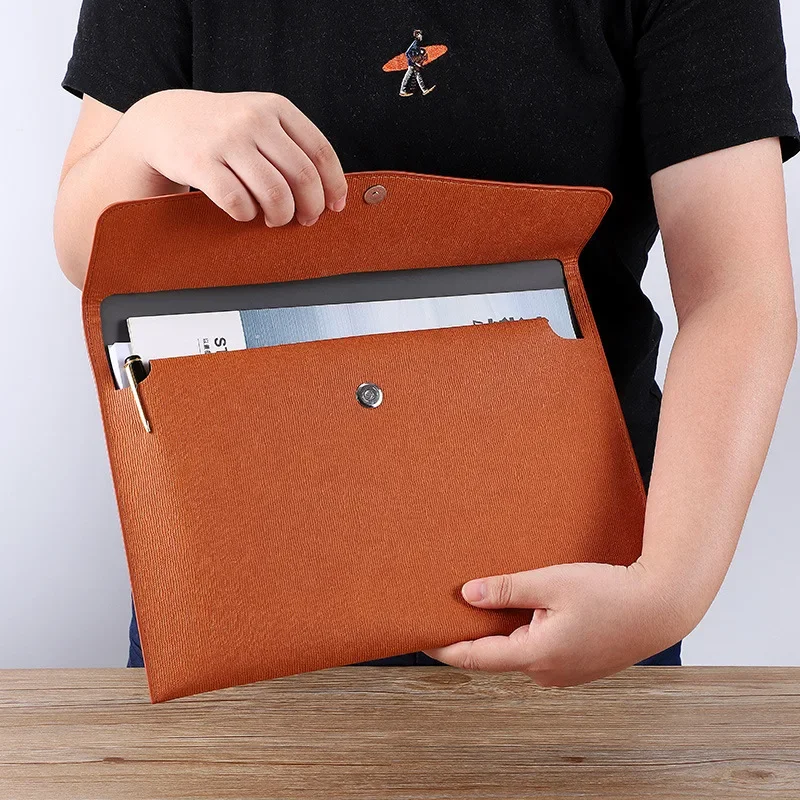 

A4 Leather File Folder Large Capacity Document Bag Business Briefcase Magnetic Button Waterproof Laptop Cases Office Organizer